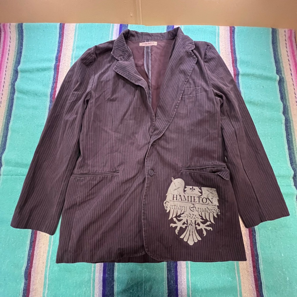 Machine Blazer Mens L Brown Pinstripe Graphic Hamilton Tertiary Squadron Jacket